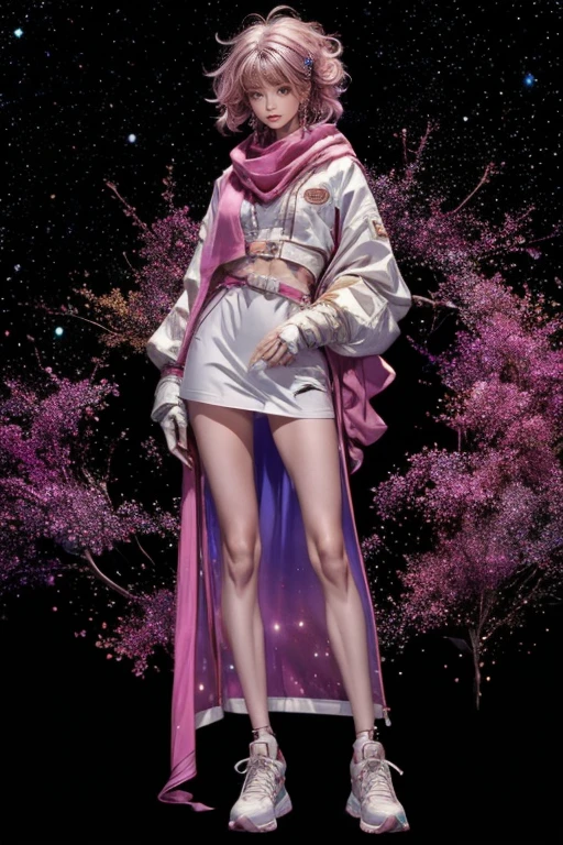 highest quality, Very detailed, masterpiece, 1 person,woman,(((完璧なwomanの体))),Very beautiful face, Very beautiful body,Gentle expression, Very beautiful eyes,(Perfect Makeup:1.1),Fashion Model,Cyberpunk Fashion, (((Various patterns,Gradation,Spacesuit))),Curly Hair,Shaggy Hair,Fluorescent pink and blue hair:1.3, Very thin body,Smart Abs,Two-tone high-top sneakers,A kind smile,Full body portrait,(Cyber City Background), (Shiny skin),(Earrings),Seesul,Long scarf,long shawl,