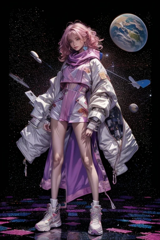 highest quality, Very detailed, masterpiece, 1 person,woman,(((完璧なwomanの体))),Very beautiful face, Very beautiful body,Gentle expression, Very beautiful eyes,(Perfect Makeup:1.1),Fashion Model,Cyberpunk Fashion, (((Various patterns,Gradation,Spacesuit))),Curly Hair,Shaggy Hair,Fluorescent pink and blue hair:1.3, Very thin body,Smart Abs,Two-tone high-top sneakers,A kind smile,Full body portrait,(Cyber City Background), (Shiny skin),(Earrings),Seesul,Long scarf,long shawl,