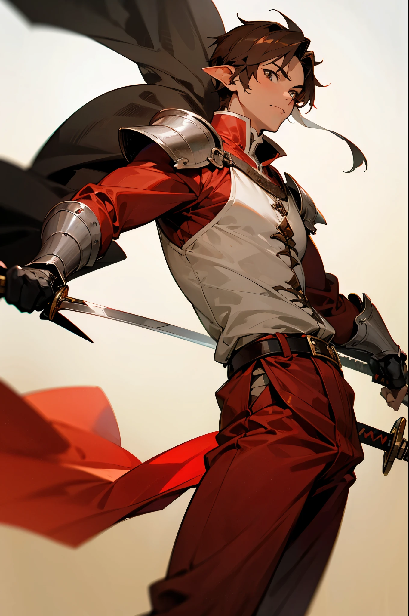 A 16-year-old teenage boy, a boy swordsman, wears a sword, light skin tone, without a beard, without a goatee, no facial hair, no body hair, brown hair color, straight hair, pointed ears, medieval knight's silver armor, red clothes