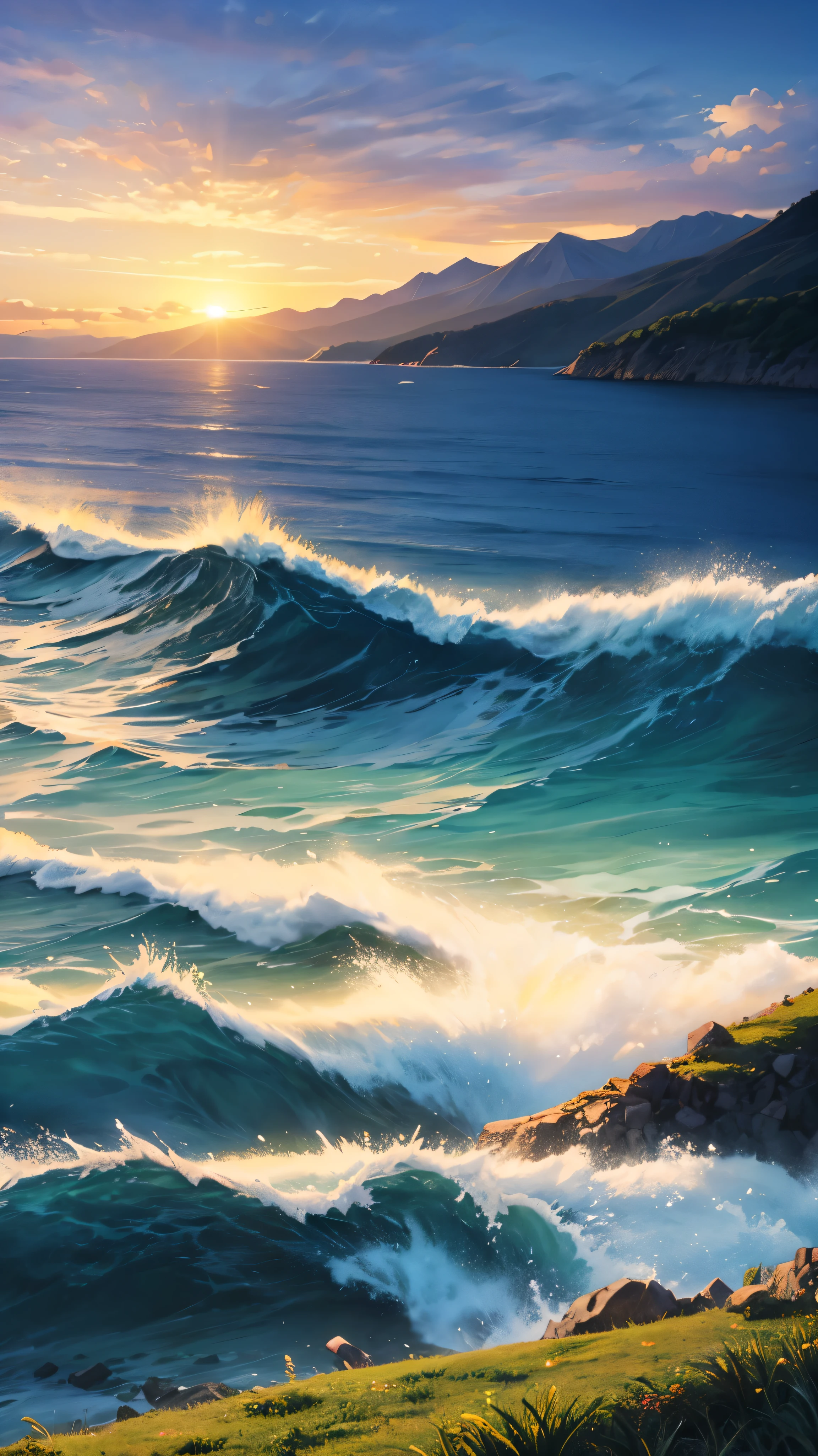 Big beautiful mountain with green grass and the sky is full of clouds lots of clouds the sun set view and the ocean is full of waves