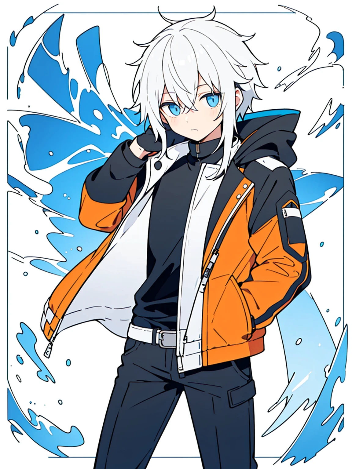 1boy, solo, blue eyes, (detailed eyes), white hair, medium hair, hair between eyes, (waterproof jacket), large jacket, (orange jacket), black shirt, pants, gray pants, standing, (((Closed jacket))), upper body, (white background), Transparent background, looking at viewe, ((masterpiece, illustration, best quality))