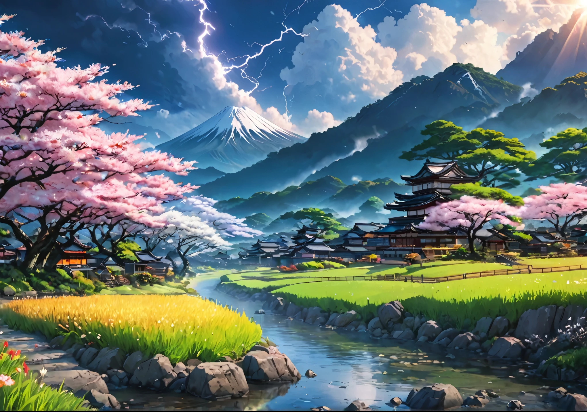 Japan has four seasons、Living creatures and plants change throughout the year、It shows a fascinating landscape。here、Beautiful Japan representing the beauty of nature, 8k, Super Detail, Accurate, highest quality, lightning、Sharp images、High color reproducibility、Attention to detail、live-action、Alluring、