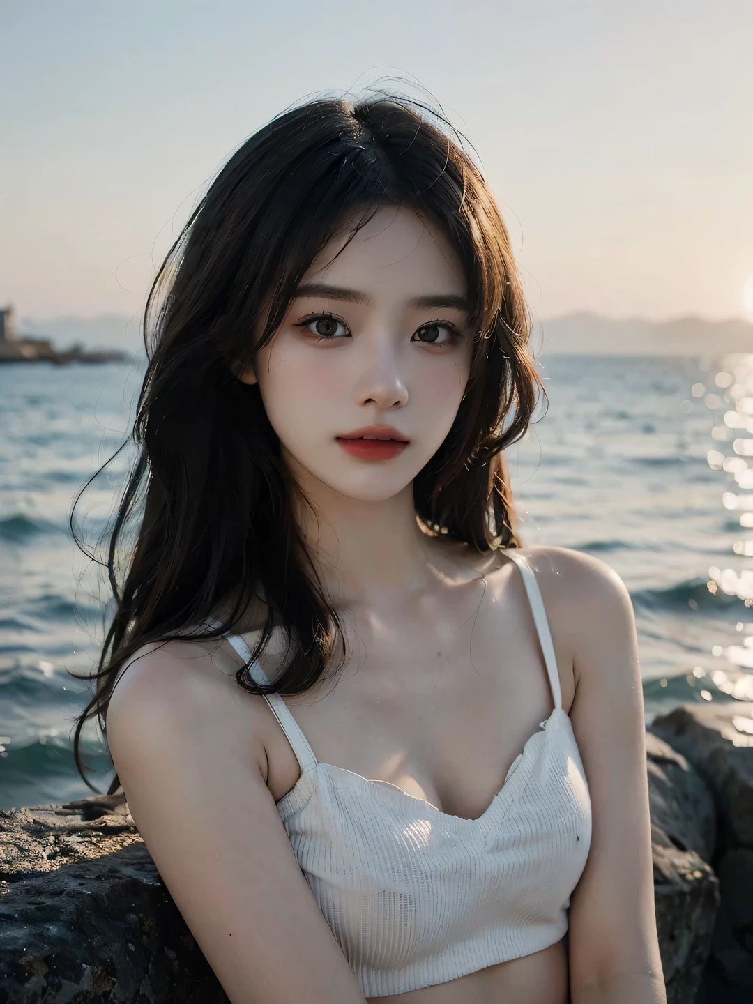 1girl, (looking at viewer:1.2), detail face, (a girl standing, rending on , black shadows, sun falling and sea backdrop,D cup,White tube top 1.5), romanticism, atmospheric, (RAW photo, best quality), (realistic, photo-realistic:1.3), masterpiece, an extremely delicate and beautiful, extremely detailed,