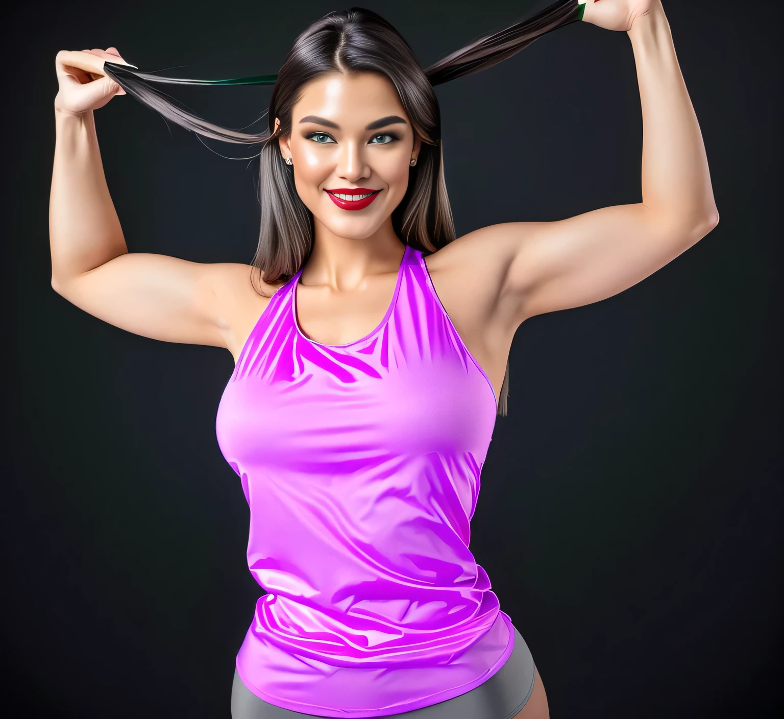 A woman with
A beautiful light brunette woman with a confident smile flexes her muscular arms against a black background, showing off her strength and fitness in a vibrant purple tank top. Her hair is tied back. She is wearing a purple blouse and blue shorts, wearing a tank top (((purple top))), printed shorts (green/gray/blue/black), tight printed shorts ((((green/gray/blue/black) ) )) . She has dark brown hair, (((dark brown hair))), (eyes with reflection); ((pink lipstick)), (bright lips); contrast (bright lips); with a tanned body, toned body, athletic body, ((((legs)))); sexy pose, extremely sexy, very sensual, shapely legs. She is about 42 years old, 1.62 tall, 60 kg, best quality, perfect face, perfect mouth, perfect hands, is standing, (full body) her slightly plump and red lips look like a delicate flower. Slim body, slim waist. Her body exudes glamor and her face is the definition of beauty. Highly realistic, reddish skin, beautiful and slightly plump lips, pink lipstick, feeling of lightness and joy, hyper-realism, very elaborate skin. Sharp photo, high quality, high resolution (ultra quality masterpiece), Ultra HD, high contrast, 16K. Masterpiece: 1.3, high resolution, (photographically realistic), 8k, NUDE, NUDITY, NFSW.
