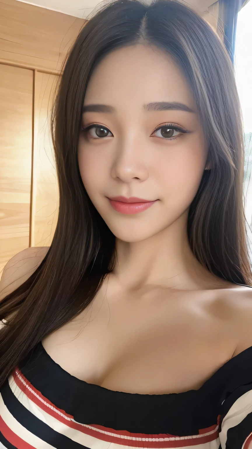 Full body angle、((highest quality, 8K, masterpiece:1.3)), concentrated:1.2, Perfect body beauty:1.4, Hips:1.2, ((Delicate Hair)), (Colorful striped off-shoulder t-shirt、 :1.1) , ((highest quality、8K、masterpiece:1.3))、1 Girl、A sloppy smile、Esbian all over、Slim face、Big 、Beautiful woman、(Dark Brown Hair)、Long Hair、1.1、Flickering Valley、Detailed eyes、double eyelid、Blurred Background、超Slim face、Looking down、