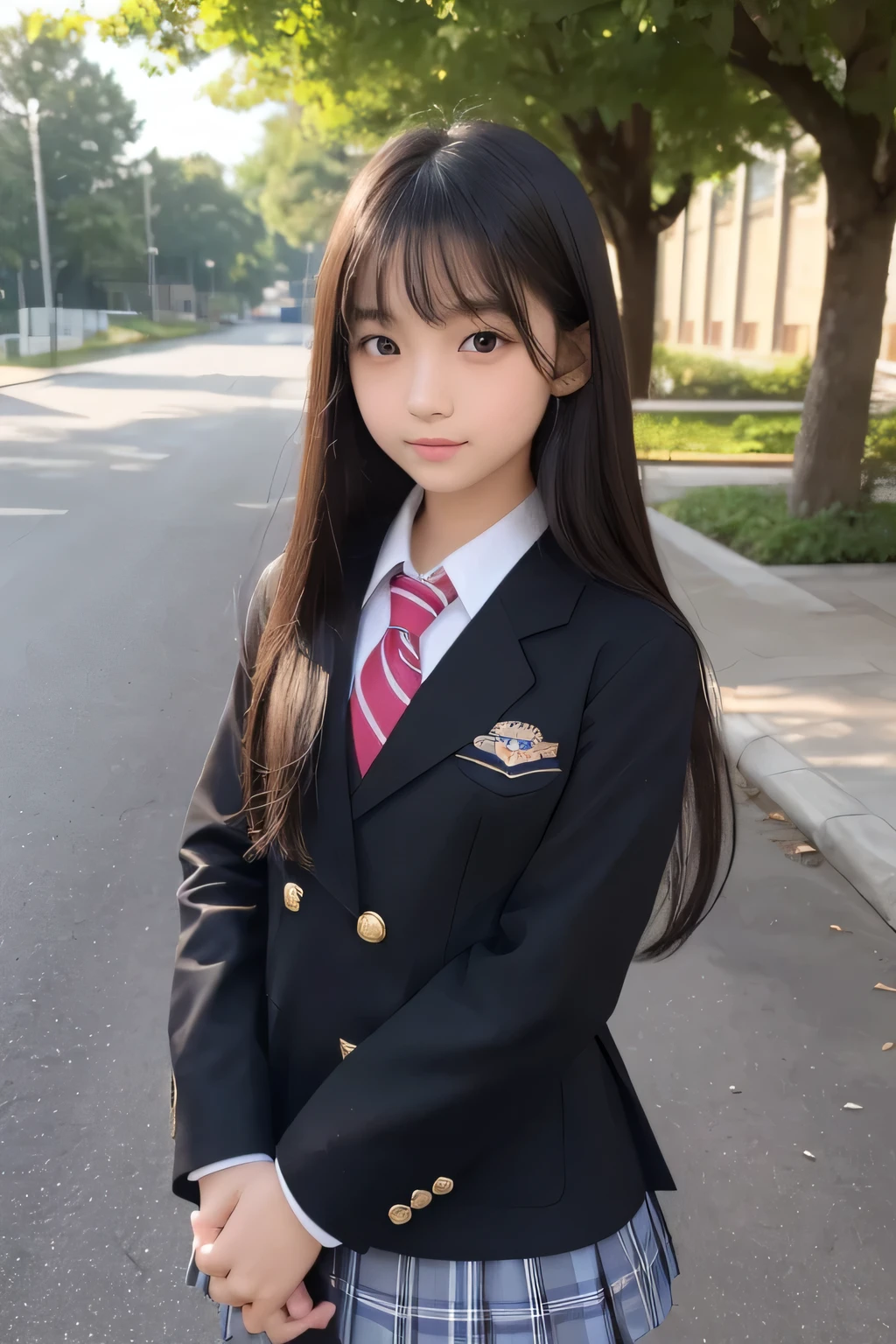 (masterpiece,highest quality,超A high resolution),Japanese women, (((Very beautiful 12 year old girl))), pretty girl、View Photographer、Front view, ((Black Hair)), Super cute face, Glossy Lips, Double eyelids on both eyes, Natural Makeup, Long eyelashes, Shiny and smooth light brown long bob hair,, Center image, Perfect limbs,(((School uniform)))