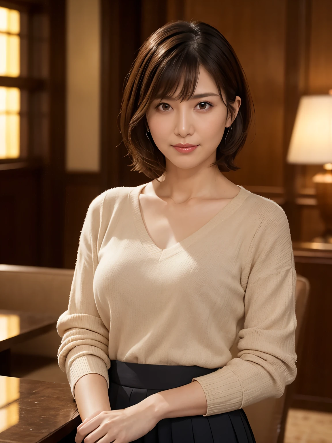highest quality, masterpiece, High resolution, Photorealistic, RAW Photos, 8k wallpaper, perfection, Professional Lighting, Very detailed, Depth of written boundary, Look forward, Hotel Lounge, One beautiful woman, 40 years old, sexy, Detailed face, Beautiful Eyes, bangs, Shapely large breasts, short hair, Straight hair, Faint lips, View your viewers, Serious face eyes, Lightweight V-neck sweater, skirt, Cowboy Shot, A slight smile