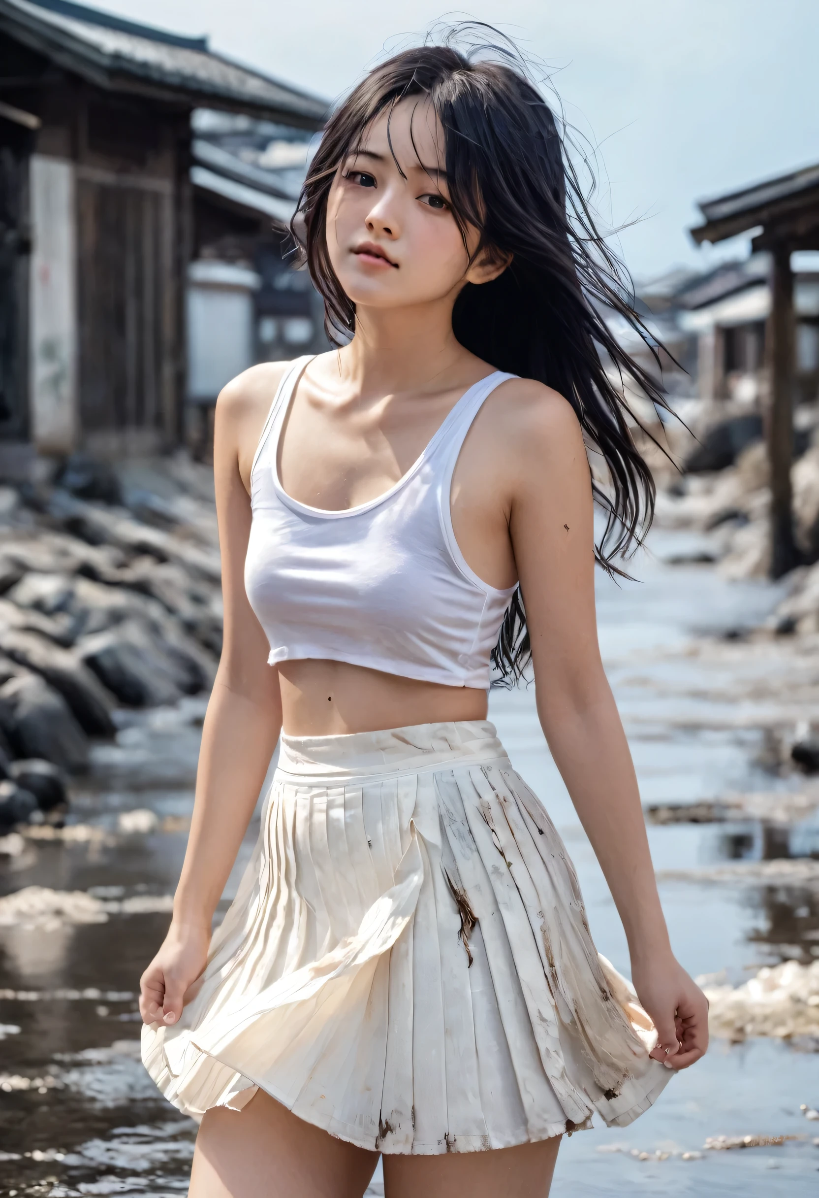 (highest quality, 4K. photograph, Fine:1.4), (A half naked and ragged Japanese girl:1.4), 18-year-old, Drifting Girl, Distressed Girl, very cute, Seaside, Ragged black hair, In rags, (A very dirty and tattered white pleated skirt:1.2), Very beautiful:1.2, I can see her thighs, Covered in scars, Half naked, (A very dirty and tattered white tank top:1.2), covering one&#39;s chest with one&#39;s arms, Embarrassed and crying, Sleeveless, 裂けてI can see her thighs白いプリーツスカート:1.2, Beggar-like appearance, Muddy&#39;s Shoes, Walking while crying, Deserted Island, Washed ashore, Feeling embarrassed, Belly button, The whole body is dirty, A badly ripped white tank top, Like a wild , White shoes, Muddy, Tattered clothes, A badly ripped white pleated skirt, barefoot