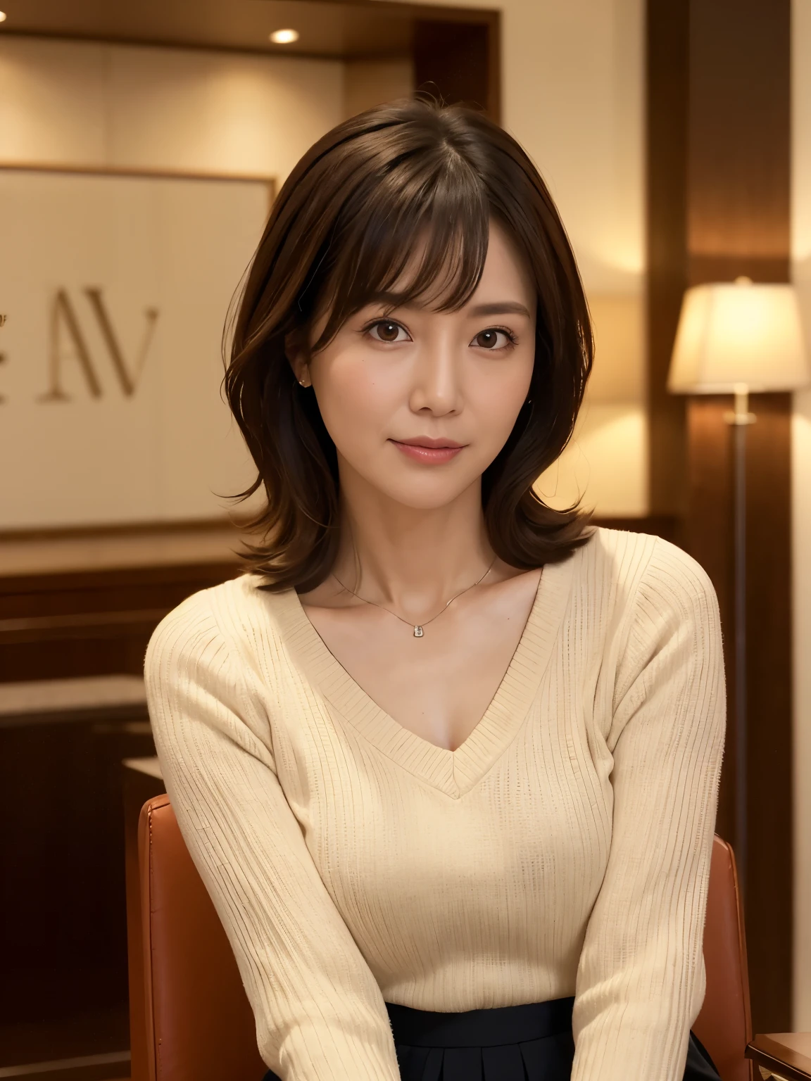 highest quality, masterpiece, High resolution, Photorealistic, RAW Photos, 8k wallpaper, perfection, Professional Lighting, Very detailed, Depth of written boundary, Look forward, Hotel Lounge, One beautiful woman, 40 years old, sexy, Detailed face, Beautiful Eyes, bangs, Shapely large breasts, short hair, Straight hair, Faint lips, View your viewers, Serious face eyes, Lightweight V-neck sweater, skirt, Cowboy Shot, A slight smile