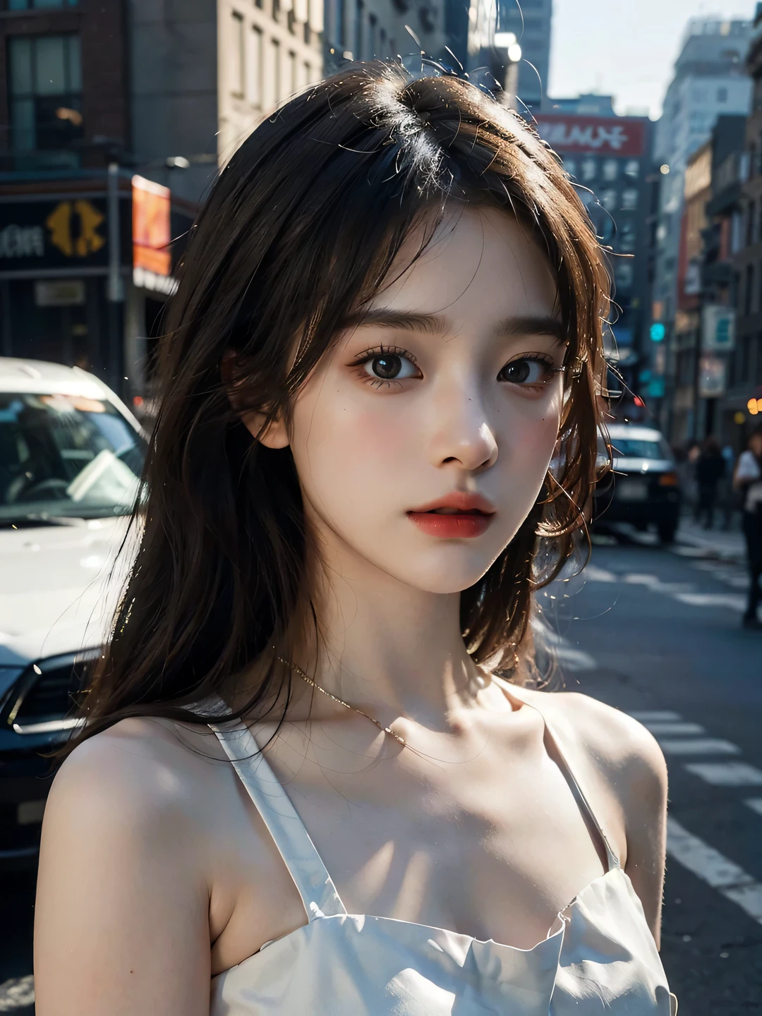 1girl, (looking at viewer:1.2), detail face, (a girl standing, rending on cgsociety, black shadows, streaming, new york backdrop), romanticism, atmospheric, (RAW photo, best quality), (realistic, photo-realistic:1.3), masterpiece, an extremely delicate and beautiful, extremely detailed, Translucent white tube top1.5,