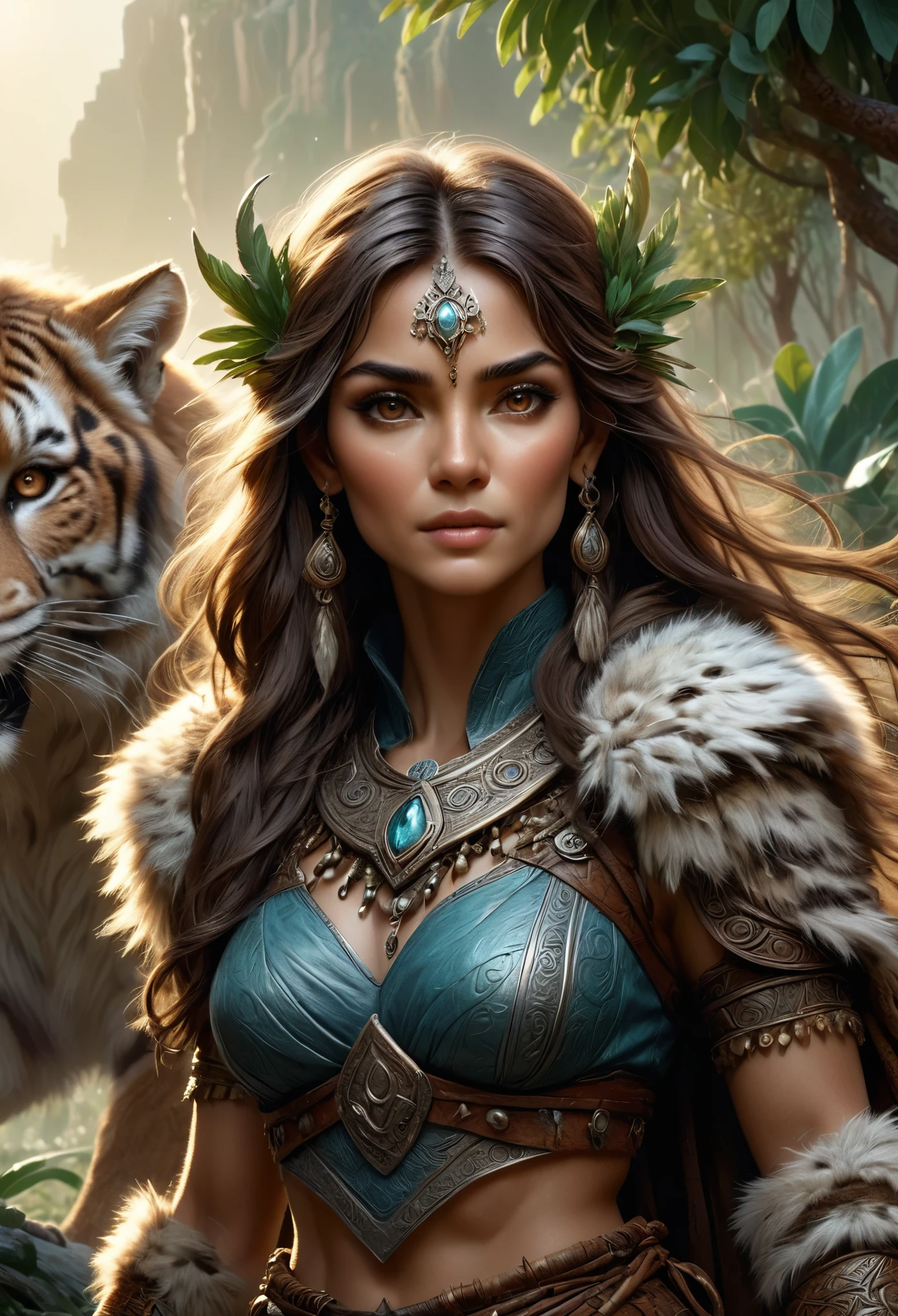High Detail, best quality, 8k, [Super detailed], masterpiece, best quality, (Extremely detailed), Dynamic Angle, Ultra wide angle拍摄, Raw, Reality, Fantasy Art, Realistic Art, Wide shot of a female human druid, ring the death knell (1.5 intricate details, masterpiece, best quality) Talk to a Cougar (1.5 intricate details, masterpiece, best quality) In the desert (1.5 intricate details, masterpiece, best quality),  Women in leather clothing (1.4. Intricate details, masterpiece, best quality), Leather Boots, Thick hair, Long hair, Brown hair, Tan skin, dark brown eyes, Desert Background (Rich details), Stream flowing in the oasis (1.4. Intricate details, masterpiece, best quality), Sunlight, Dynamic Light. Dynamic Angle, (1.4. Intricate details, masterpiece, best quality) 3D Rendering, High Detail, best quality, high resolution, Ultra wide angle