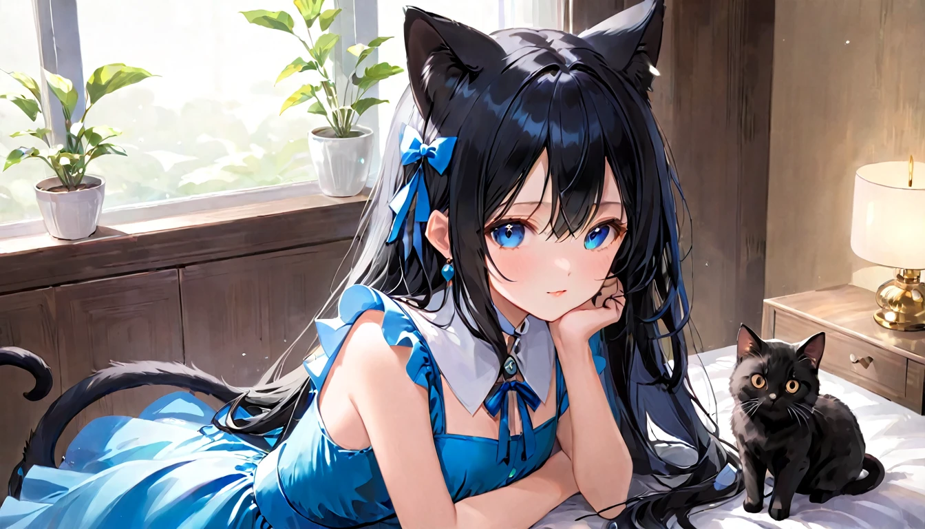 Cat ear、pretty girl、long、Black Hair、Blue dress、Fascinating Situation