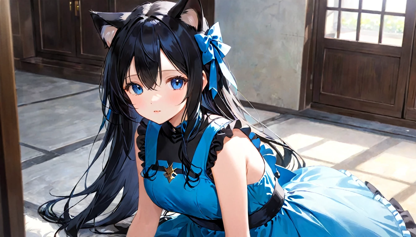 Cat ear、pretty girl、long、Black Hair、Blue dress、Fascinating Situation