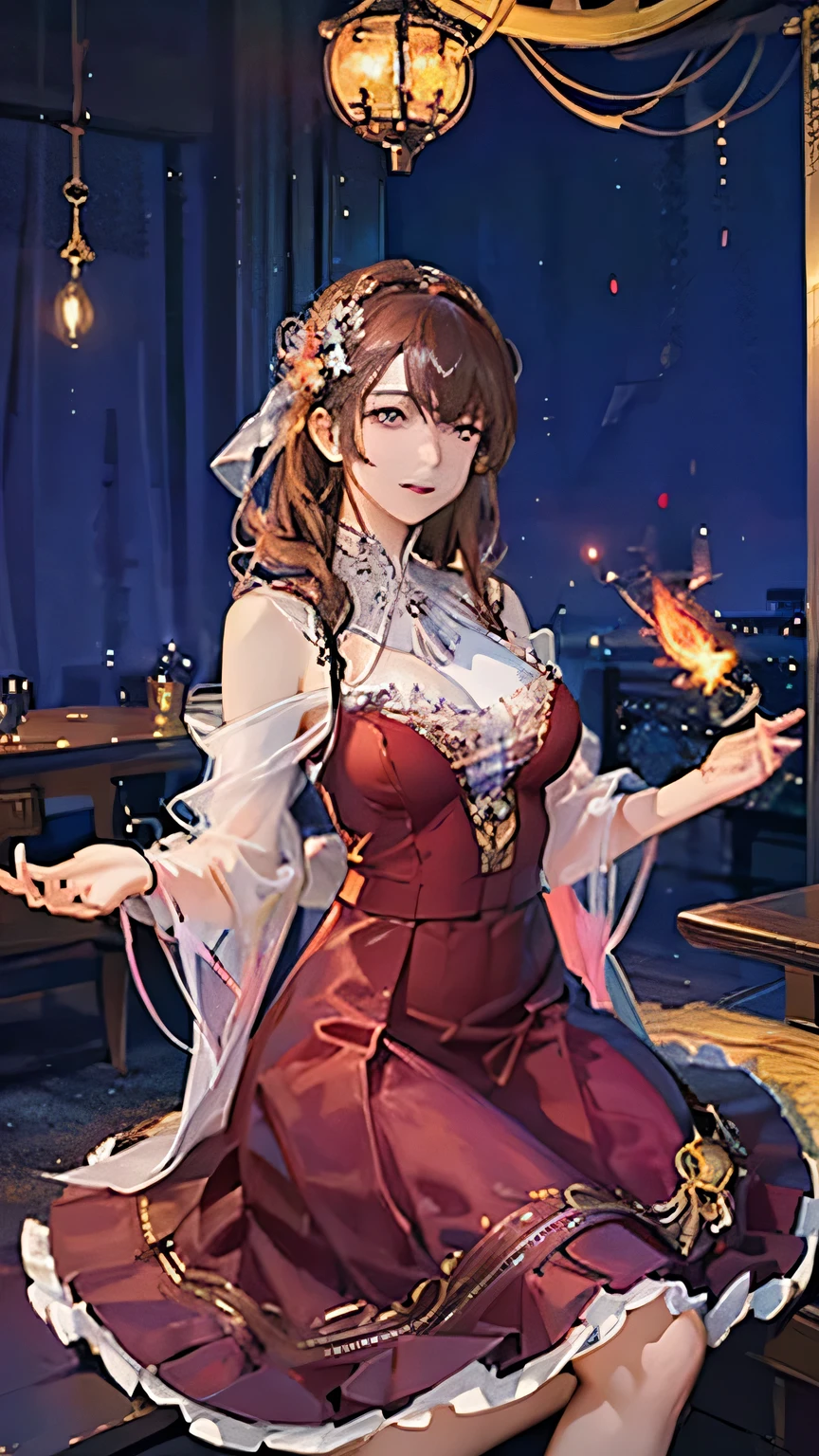 (highest quality, High resolution), Glowing Eyes, Delicate facial features, Vibrant colors, Dreamy atmosphere, Fantasy Theme, Floral Background, Graceful Movement, Detailed clothing, loose fitting dress, Elegant fashion, Magic lighting, Mysterious Aura, Heavenly Beauty, Magic thread, Whimsical elements,Big Breasts、Red attire、Colorful costumes、lingerie、Purple outfit