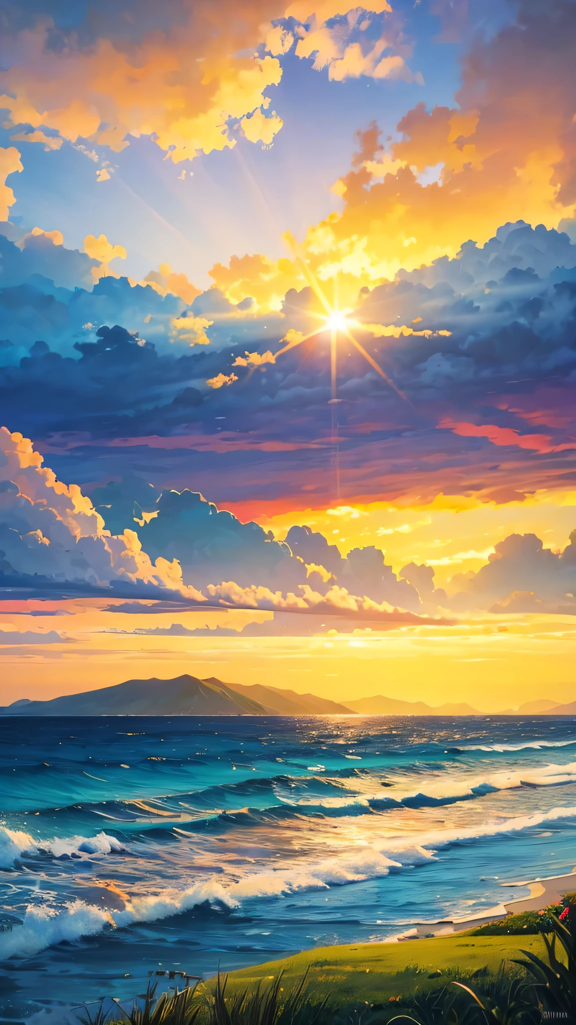 Big beautiful mountain with green grass and the sky is full of clouds lots of clouds the sun set view and the ocean is full of waves