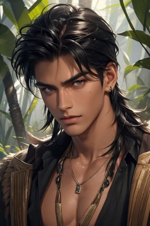 1 boy,Handsome,tall and strong,perfect male figure, eyes looking at camera, ((tanned skin)),forest,primitive,feather hair accessories,Oil paint on the face,black hair,serious expression,Beast tooth necklace,Ray tracing