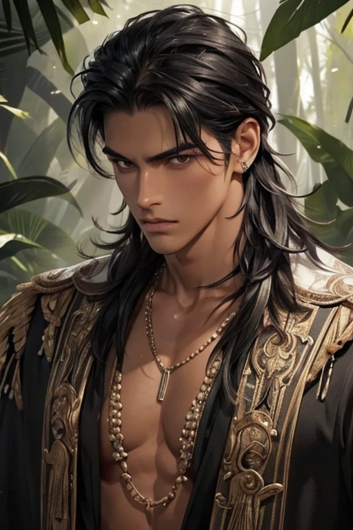 1 boy,Handsome，tall and strong,perfect male figure, eyes looking at camera, ((tanned skin)),forest，primitive，feather hair accessories，Oil paint on the face，black hair,serious expression,Beast tooth necklace,Ray tracing