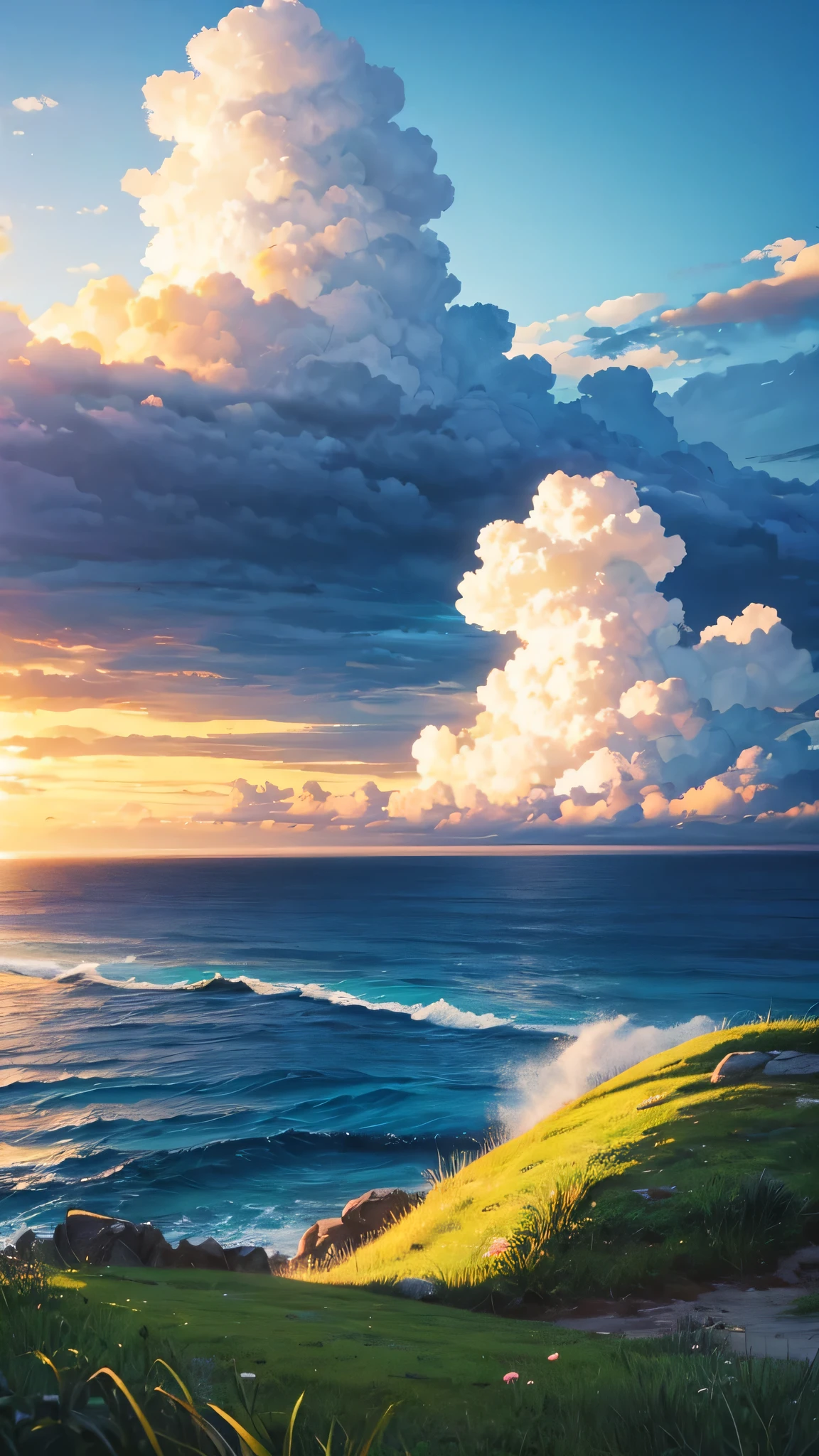 Big beautiful mountain with green grass and the sky is full of clouds lots of clouds the sun set view and the ocean is full of waves