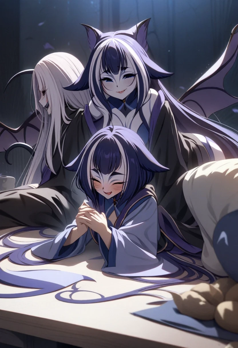 (shylily/(Twich/):1.5),(masterpiece:1.2),(best quality:1.2),(On the table),(high detail)nightmare、one、、Double teeth、Suit、tie、Black Corner、Black bat wings and tail、Sitting in a big chair、Put hand on cheek、A mysterious smile emerged、The bed is far away、Dead、turbid、turn off the lights