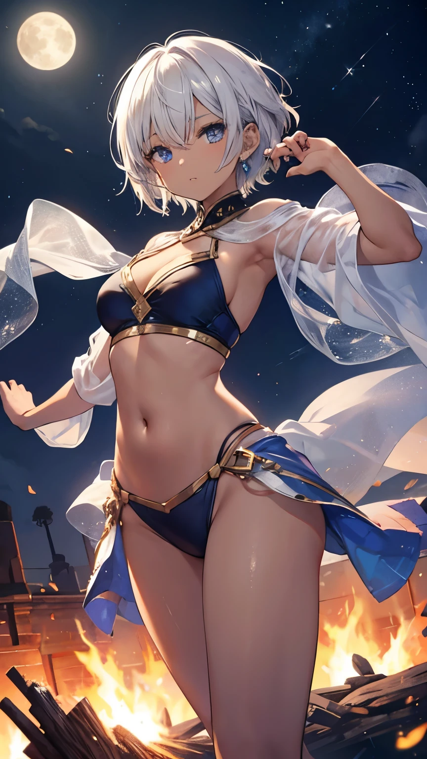 female up,Dancer,Brown skin,Arabian,Moonlit Night,Bonfire,Toned body,Silver Hair,Short Hair,Blue Eyes,twins