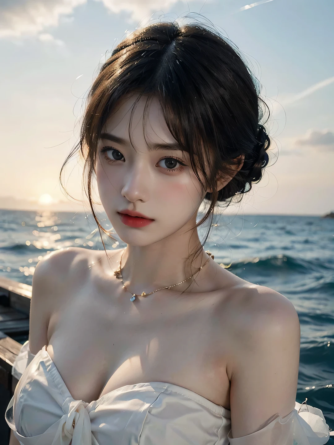 1girl, (looking at viewer:1.2), detail face, (a girl standing, rending on , sun falling and sea backdrop,(D cup,Cleavage,White translucent bandeau,), romanticism, atmospheric, (RAW photo, best quality), (realistic, photo-realistic:1.3), masterpiece, an extremely delicate and beautiful, extremely detailed,