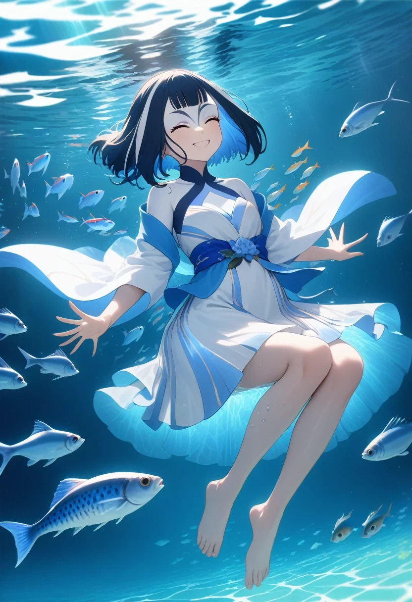 (shylily/(Twich/):1.5),(masterpiece:1.2),(best quality:1.2),(Piece Fly), (best quality), Very detailed, 1 girl, Perfect face, (Personal full body photo:1.3), Very detailed顔,,(In the water:1.4),(White Dress:1.5),ocean,Small schools of fish,Light,bubble,jellyfish,Ocean algae,Deep Ocean,fantasy,ocean bottom,float,(RedSmall fish,Small fish:1.4),(Smile:1.3)