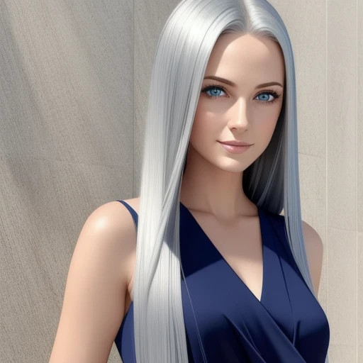 young woman in her 30s, with long, straight silver hair, blue eyes, with a beautiful glow, perfect face, perfect body, wearing a beautiful navy blue dress, full body shot, full shot, high definition, realism .