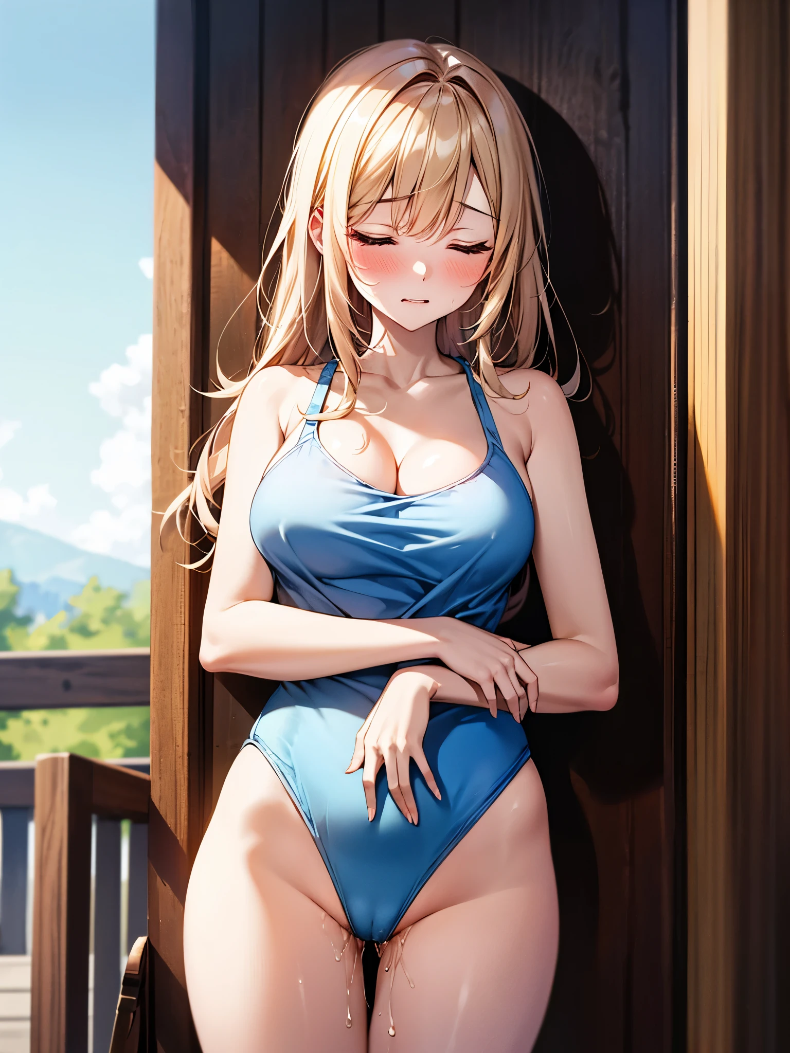 Beauty、18-year-old、(Masterpiece、highest quality)、high resolution、(8k, highres), (embarrassed:1.2), (hugging own breast), (pussy juice1.8), Inner thighs, Close ~ eyes