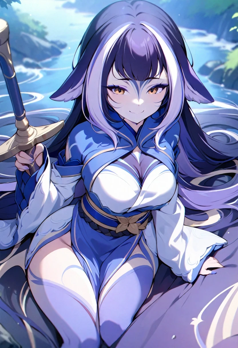 (shylily/(Twich/):1.5),(masterpiece:1.2),(best quality:1.2),, (((masterpiece)))、(((Top quality)))、((Ultra Detailed))、1 Girl、a smile、Long-haired、Gale、In nature、He is holding a sword in his hand、kimono、Long Sword、battlefield、Star Chip、Overlord、Strong