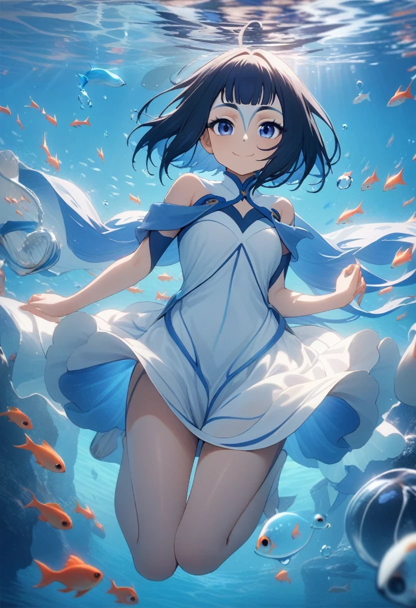 (shylily/(Twich/):1.5),(masterpiece:1.2),(best quality:1.2),(Piece Fly), (best quality), Very detailed, 1 girl, Perfect face, (Personal full body photo:1.3), Very detailed顔,,(In the water:1.4),(White Dress:1.5),ocean,Small schools of fish,Light,bubble,jellyfish,Ocean algae,Deep Ocean,fantasy,ocean bottom,float,(RedSmall fish,Small fish:1.4),(Smile:1.3)