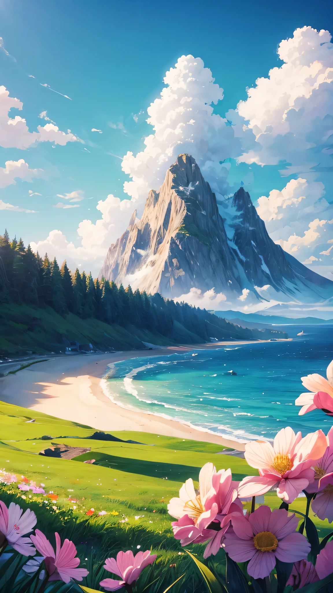 Big beautiful mountain with green grass and the sky is full of clouds lots of clouds and the ocean with a full of waves the spring flowers are flying in aur
