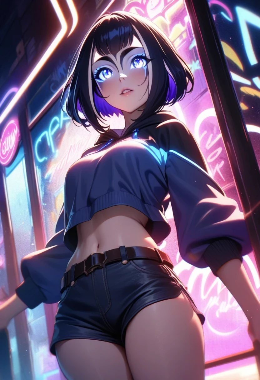 (shylily/(Twich/):1.5),(masterpiece:1.2),(best quality:1.2),Tempting,(Crafted glow, lens flare), (Movie Lighting, Best Quality Backlights), Clear boundaries, Female only, Female only, Perfect body, (1 Girl), Bioluminescent hair, Glowing eyes, Close your eyes slightly, Graffiti, splash of color, Absolutely eye-catching, Dynamic Angle, Beautiful and detailed neon lights, (Fascinating),(A finely detailed film:1.2), short shorts, shorts, Open jacket, belt, Cropped Hoodie , ambient occlusion, Ambient Light, Ray tracing results in a detailed playground, Subsurface scattering, Red neon street sign, (Asymmetrical hairstyle), short hair, (at night),
