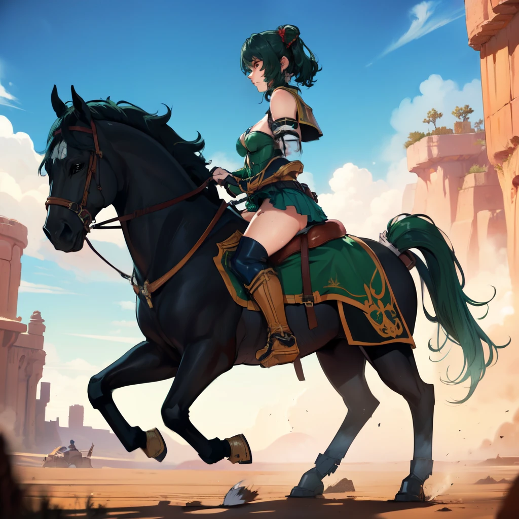 ((best quality)), ((anime masterpiece)), (detailed), cinematic lighting, vivid color, 8k, perfect face, medium breast, a female knight riding a walking black horse on desert, (medium hair, hair, above shoulder,{green hair}, green armor, blue miniskirt, blue boots, sweating face), (black horse {black hair}, saddle, stirups, reins: 1.5)++, heat, scenery, from side: 1.5, perfect anatomically: 1.2,