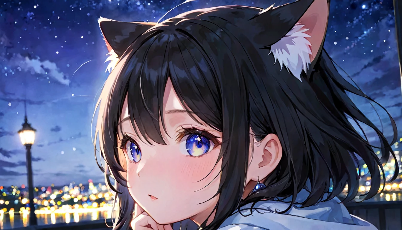 A place with a beautiful night view、Cat ear、Her cheeks are flushed