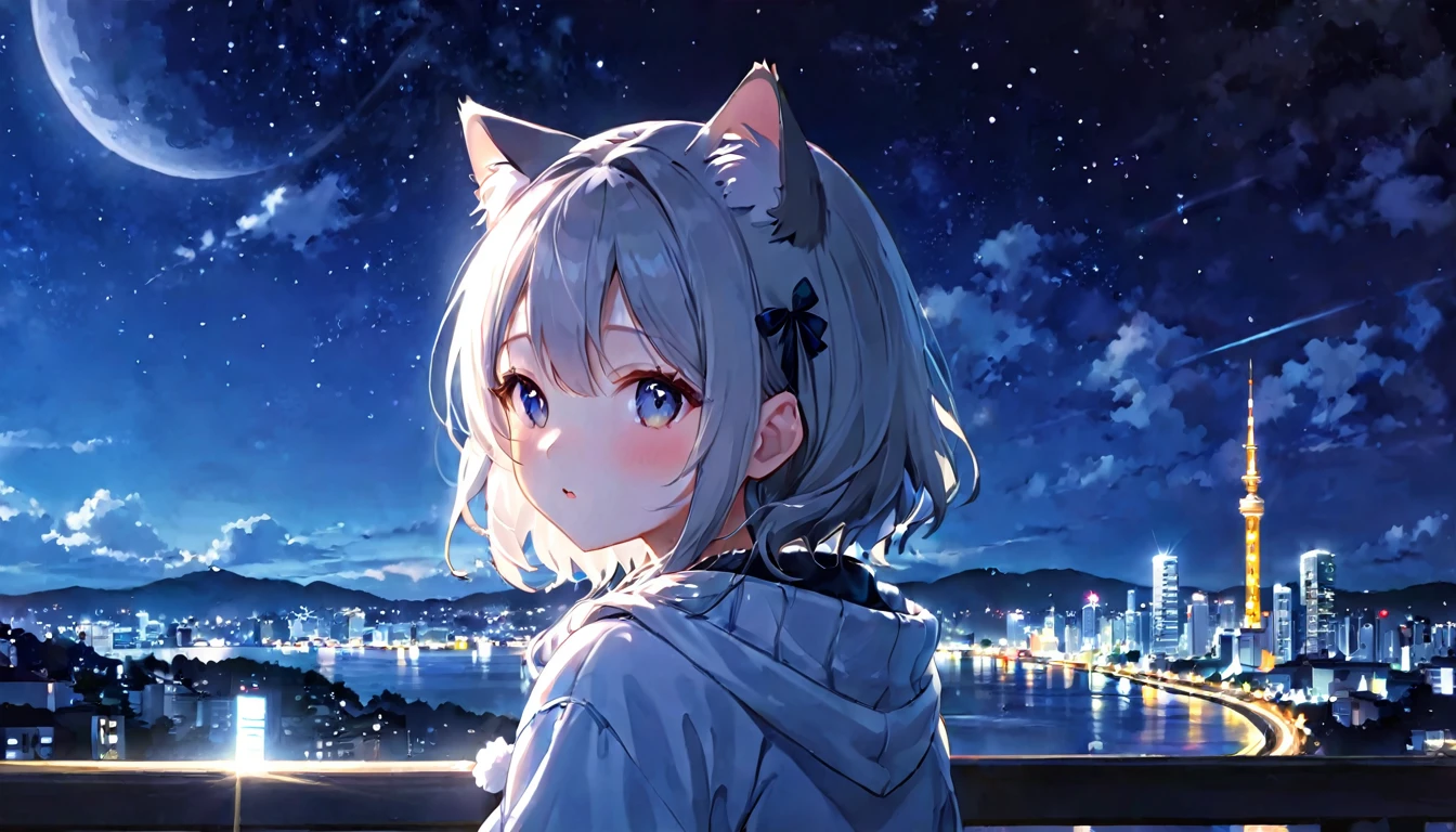 A place with a beautiful night view、Cat ear、Her cheeks are flushed