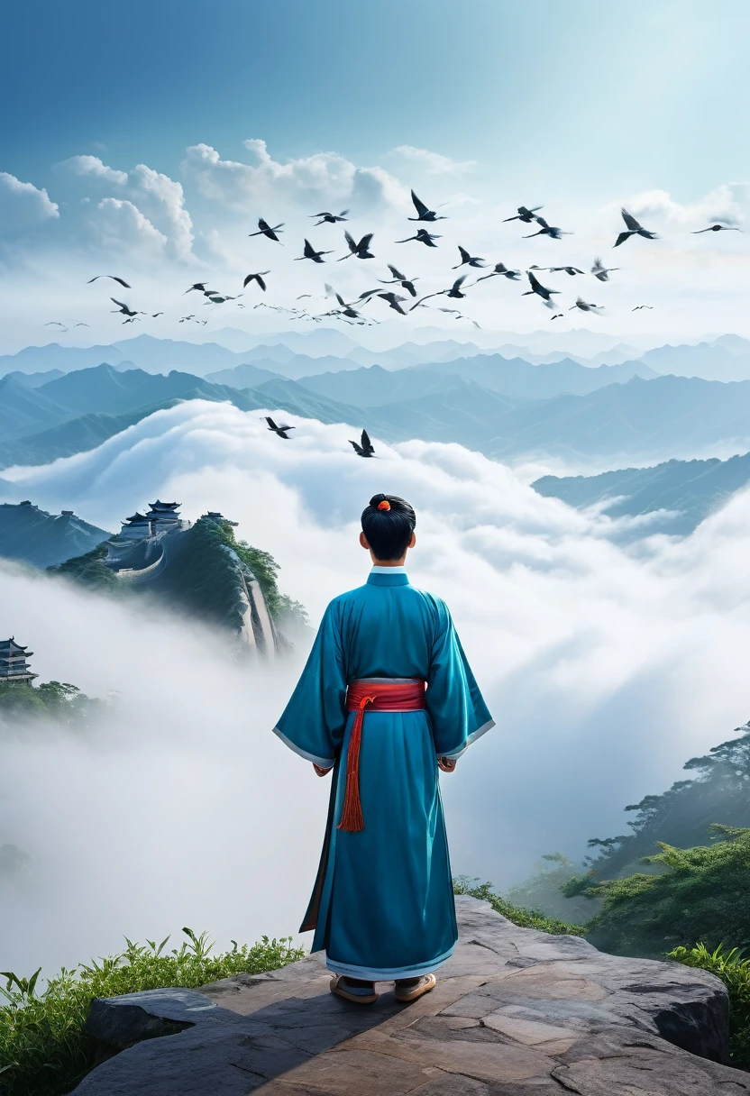 Screen Description:A person wearing traditional Hanfu stands on a peak,His chest seemed to be filled with clouds and mist,Showing his inner excitement and pride。In the direction of his sight,A flock of returning birds flew across the sky,Flying towards the distant home,The whole scene looks vivid and moving。The picture has Chinese characteristics,Photorealistic style,Shocking and grand scene,Smoky,The picture is full,High-resolution,Vertical screen