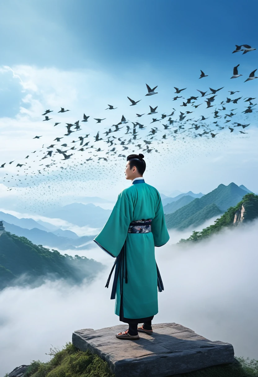 Screen Description:A person wearing traditional Hanfu stands on a peak，His chest seemed to be filled with clouds and mist，Showing his inner excitement and pride。In the direction of his sight，A flock of returning birds flew across the sky，Flying towards the distant home，The whole scene looks vivid and moving。The picture has Chinese characteristics，Photorealistic style，Shocking and grand scene，Smoky，The picture is full，High-resolution，Vertical screen