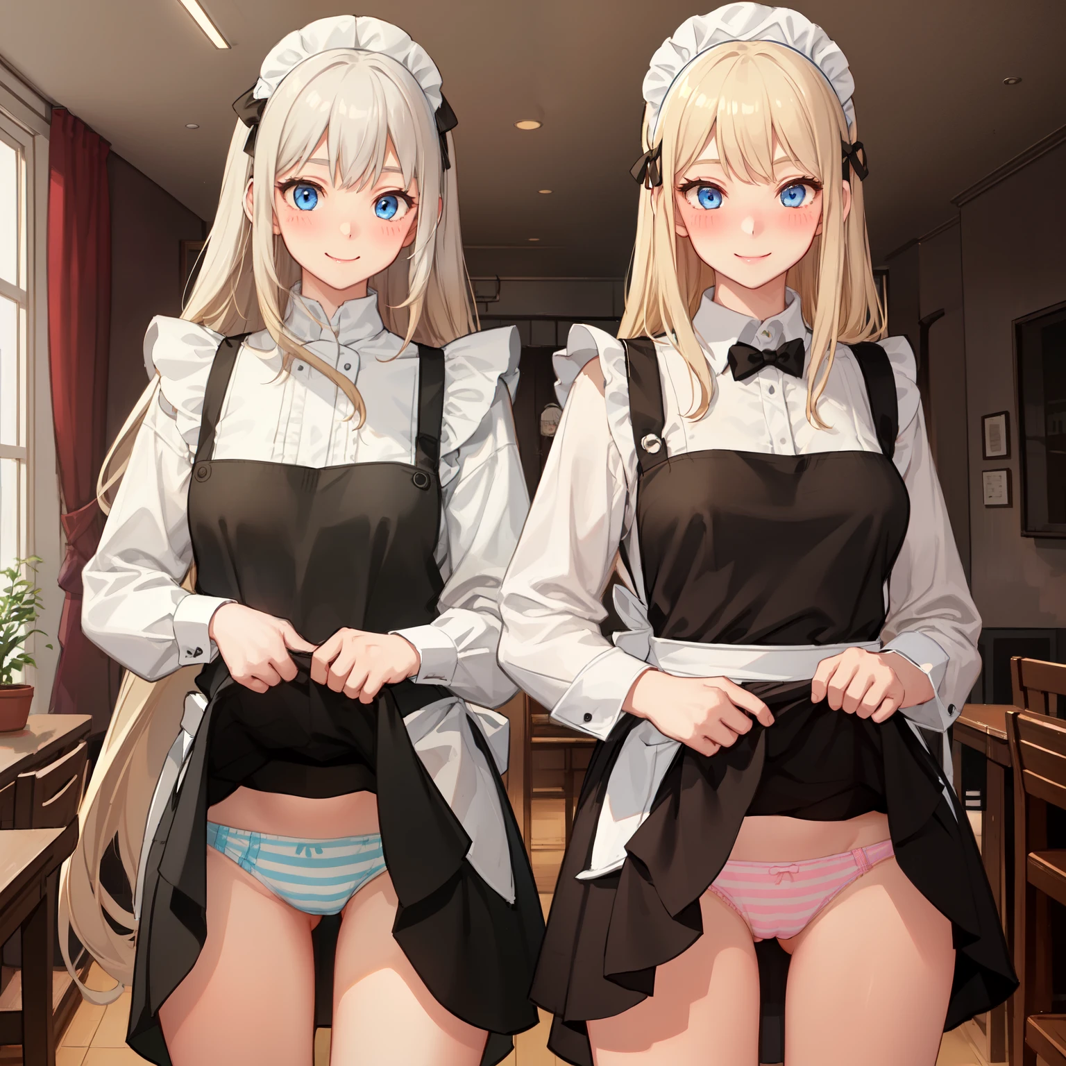 highest quality、masterpiece、((2 girls:1.5))、((smile:1.3))、(blush:1.3)、Black Shirt、blouse、((fun!!))、(Small breasts)、(Blonde:1.3)、(long hair)、(Long sleeve)、((White apron:1.5))、((Maid))、((hair ornaments)),、Kamimei、look at me、 ((in house:1.5))、 Taking a break from watching the audience、Cowboy Shot、(Skirt lift:1.3),Highly detailed pink striped panties、(Highly detailed panties:1.3)、、(スカート that rolls up:1.3)、(Panties fully exposed:1.5)、Light blue eyes、long hair、Glowing Eyes
