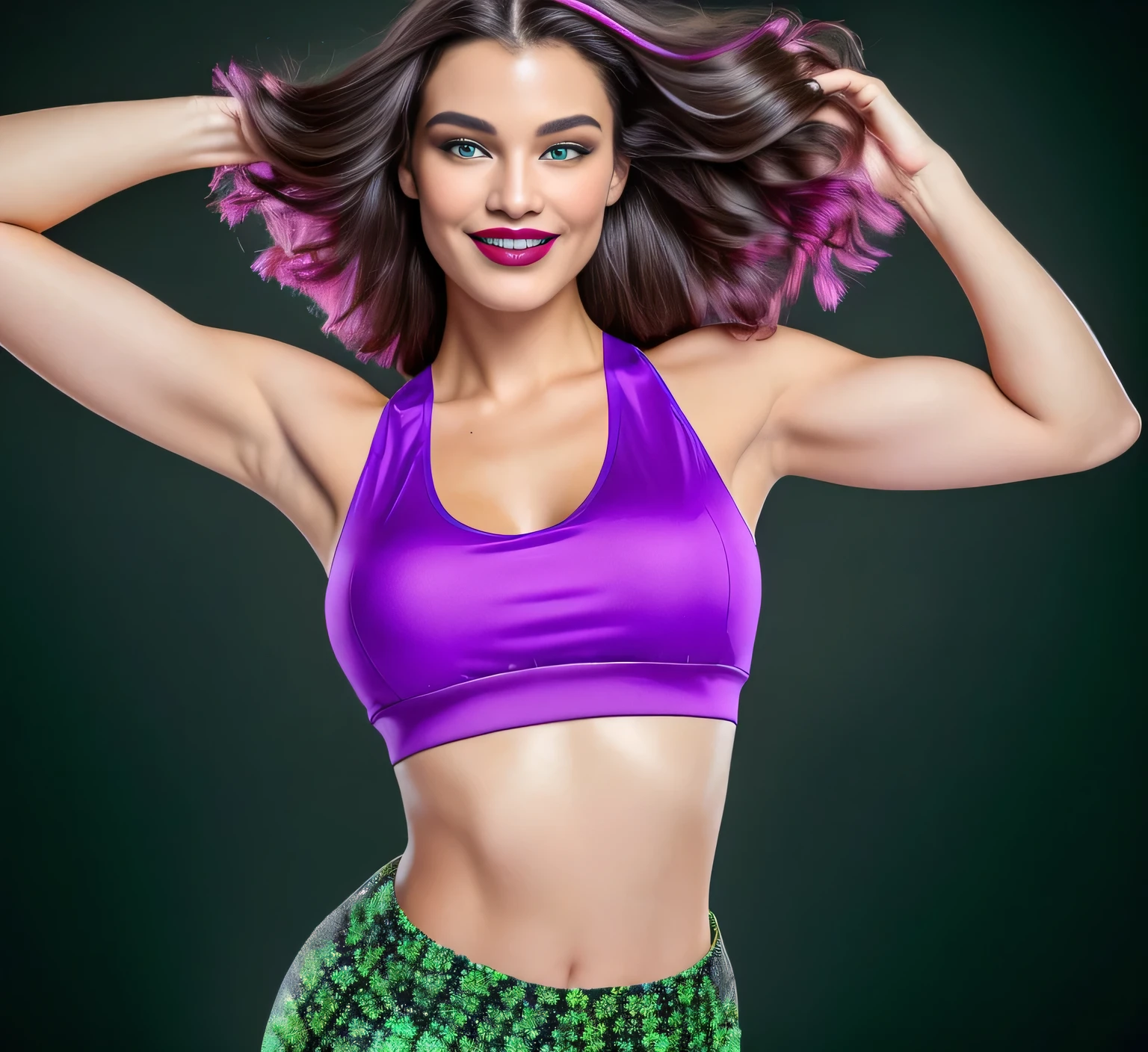 A woman with

A beautiful light brunette woman with a confident smile flexes her muscular arms against a black background, showing off her strength and fitness in a vibrant purple tank top. Her hair is tied back. She is wearing a purple blouse and blue shorts, wearing a tank top (((purple top))), printed shorts (green/gray/blue/black), tight printed shorts ((((green/gray/blue/black) ) )) . She has dark brown hair, (((dark brown hair))), (eyes with reflection); ((pink lipstick)), (bright lips); contrast (bright lips); with a tanned body, toned body, athletic body, ((((legs)))); sexy pose, extremely sexy, very sensual, shapely legs. She is about 42 years old, 1.62 tall, 60 kg, best quality, perfect face, perfect mouth, perfect hands, is standing, (full body) her slightly plump and red lips look like a delicate flower. Slim body, slim waist. Her body exudes glamor and her face is the definition of beauty. Highly realistic, reddish skin, beautiful and slightly plump lips, pink lipstick, feeling of lightness and joy, hyper-realism, very elaborate skin. Sharp photo, high quality, high resolution (ultra quality masterpiece), Ultra HD, high contrast, 16K. Masterpiece: 1.3, high resolution, (photographically realistic), 8k, NUDE, NUDITY, NFSW.