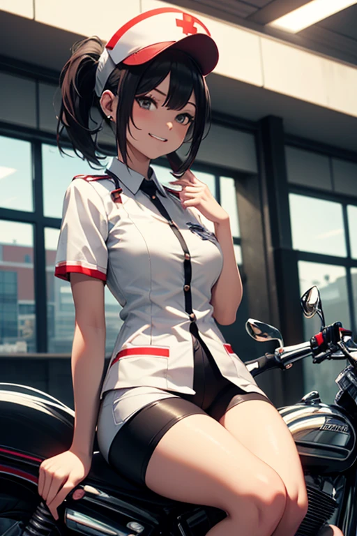 Official Art, highest quality, Unity 8K Wallpaper, masterpiece, Ultra-detailed, 超A high resolution, Best illustrations, So ridiculous:1.2), (Cinema Lighting:1.2), Best Shadow, Side light, (Highly detailed and intricate 3D rendering), 細部までBeautiful Faceと目, Slender, １men and women, Medium Bust, (whole body:1.2),  Beautiful Face, 18 year old beautiful girl, (Highly detailed skin、Detailed skin texture:1.0), (Riding on motorcycle:1.3),  nurse,  White Bike, nurse Cap, short hair, ponytail, (Thighs Thighs Thighs Thighs:0.8), First aid kit, mischief, Laughing with your mouth open, Highway at night, Quickly,