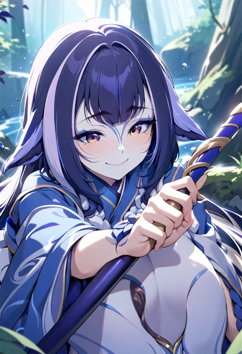 (shylily/(Twich/):1.5),(masterpiece:1.2),(best quality:1.2),, (((masterpiece)))、(((Top quality)))、((Ultra Detailed))、1 Girl、a smile、Long-haired、Gale、In nature、He is holding a sword in his hand、kimono、Long Sword、battlefield、Star Chip、Overlord、Strong
