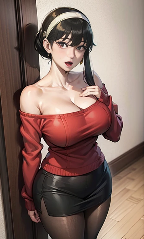 Super beautiful shining eyes、Joel Blair,Red face，Open your mouth，Stick out your tongue，Discharge of saliva，(Long sideburns ,short hair, short hair长发:1.2), Bangs,Black skirt,Red Eyes,Gold earrings,Off-shoulder sweater, Red sweater,clavicle, （Big Breasts）（Cleavage）Black Hair , Straight Hair,Mature woman ,Black pantyhose , Wide hips[Thick thighs]