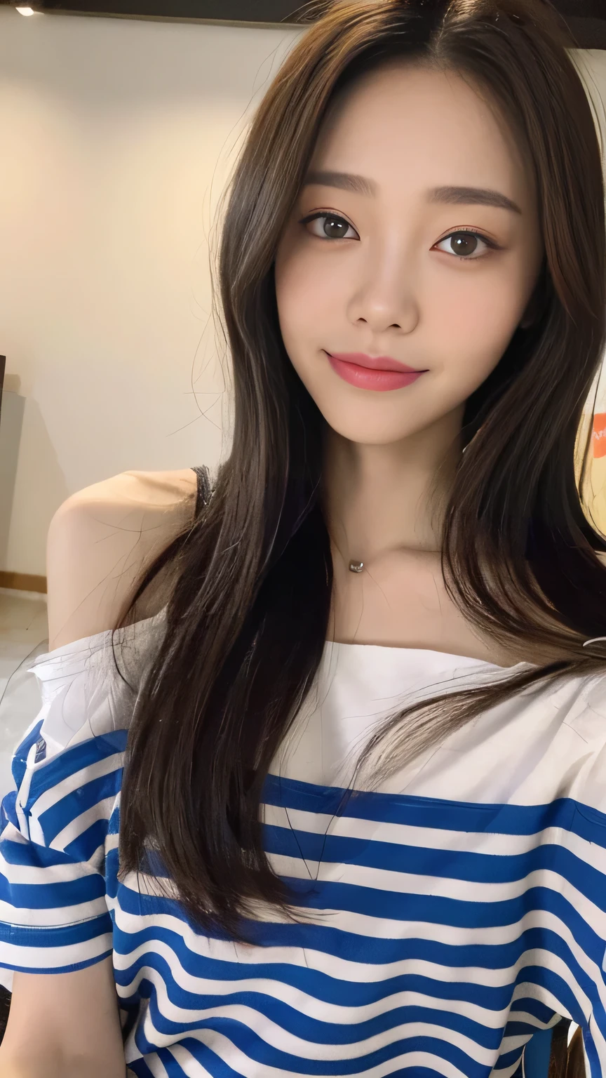 Full body angle、((highest quality, 8K, masterpiece:1.3)), concentrated:1.2, Perfect body beauty:1.4, ????:1.2, ((Delicate Hair)), (Colorful striped off-shoulder t-shirt、 :1.1) , ((highest quality、8K、masterpiece:1.3))、1 Girl、A sloppy smile、Esbian all over、Slim face、Big 、Beautiful woman、(Dark Brown Hair)、Long Hair、1.1、Flickering Valley、Detailed eyes、double eyelid、Blurred Background、超Slim face、Looking down、