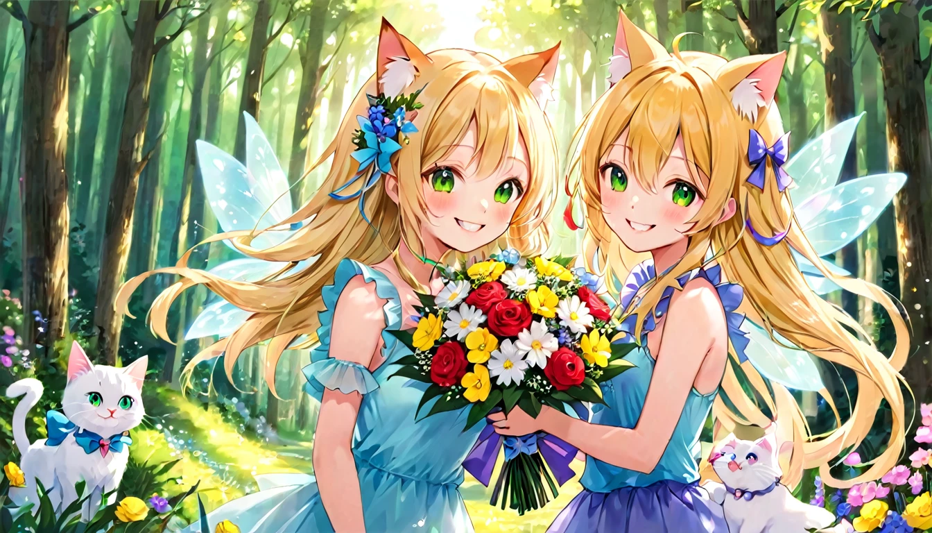 Fairy and girl、forest、Cat ears、Long blonde、bouquet、Smiling Girl