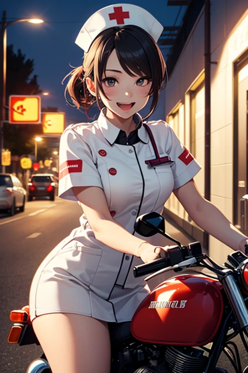 Official Art, highest quality, Unity 8K Wallpaper, masterpiece, Ultra-detailed, 超A high resolution, Best illustrations, So ridiculous:1.2), (Cinema Lighting:1.2), Best Shadow, Side light, (Highly detailed and intricate 3D rendering), 細部までBeautiful Faceと目, Slender, 1men and women, Medium Bust, (whole body:1.2), Beautiful Face, 18 year old beautiful girl, (Highly detailed skin、Detailed skin texture:1.0), (Riding on motorcycle:1.3), nurse, White Bike, nurse Cap, short hair, ponytail, (Thighs Thighs Thighs Thighs:0.8), First aid kit, Laughing with your mouth open, Highway at night, Quickly,