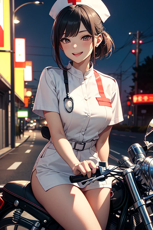 Official Art, highest quality, Unity 8K Wallpaper, masterpiece, Ultra-detailed, 超A high resolution, Best illustrations, So ridiculous:1.2), (Cinema Lighting:1.2), Best Shadow, Side light, (Highly detailed and intricate 3D rendering), 細部までBeautiful Faceと目, Slender, 1men and women, Medium Bust, (whole body:1.2), Beautiful Face, 18 year old beautiful girl, (Highly detailed skin、Detailed skin texture:1.0), (Riding on motorcycle:1.3), nurse, White Bike, nurse Cap, short hair, ponytail, (Thighs Thighs Thighs Thighs:0.8), First aid kit, Laughing with your mouth open, Highway at night, Quickly,