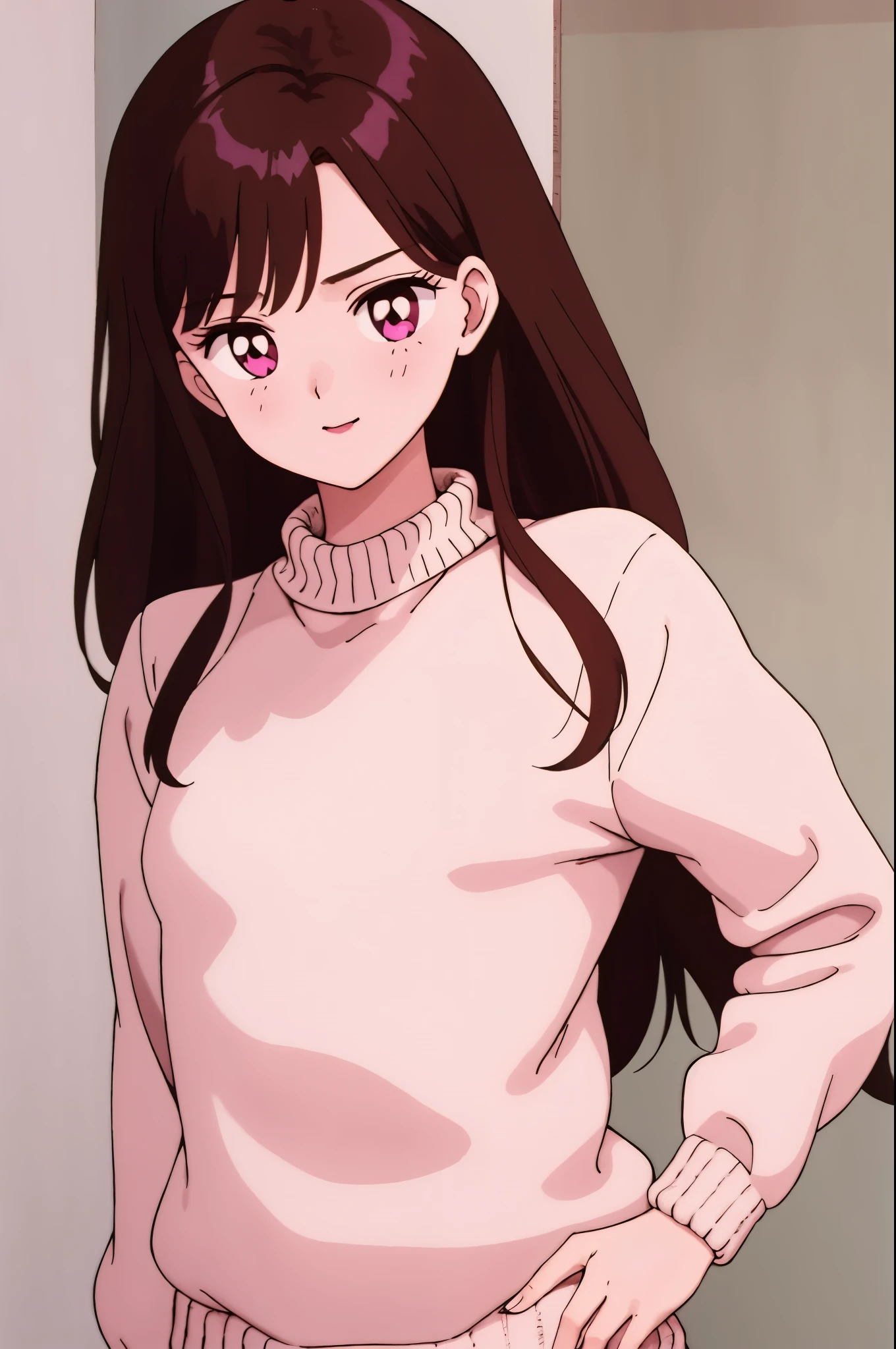 Girl, long brown hair, brown eyes, sharp features, white skin, pink lips, sweater