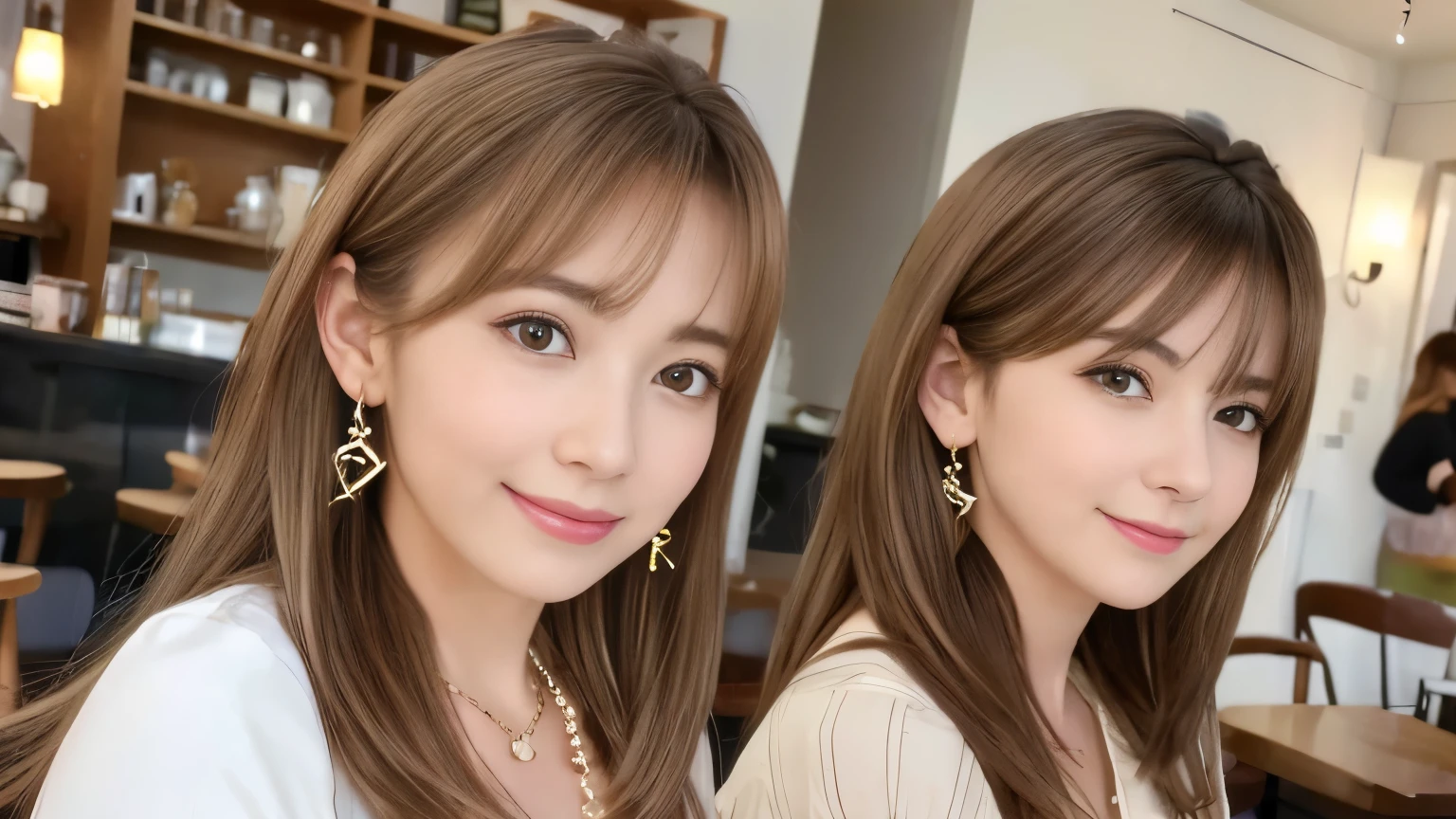 super high quality, short hair, thin, Photography Sculpture, The staff is working at the counter in the back.., (8k、RAW Photos、highest quality、masterpiece:1.2), Japanese Idols, Brown Hair, necklace, Stylish cafe, People having fun at the cafe々Bustling with., (Realistic、Realistic:1.37), Mesh Hair, Golden Ratio, RAW Photos, Cute face , Light Brown Hair, Earrings, Small breasts, Blurred Background, Spring Clothes, Well designed furniture, Ruth Palmer, Beautiful hairstyle, Spoiled, Open Cafe, A kind smile, Hair blowing in the wind, Dress neatly, Berry Short, 18-year-old, Gal Fashion,