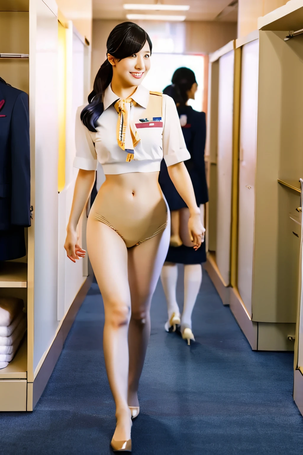 Beautiful stewardess、Realistic Skin、Japanese women、Slender figure、Changing clothes in the changing room、Ultra-realistic video、Bokeh、highest quality、Changing into uniform、Beige underwear、Glamour proportions