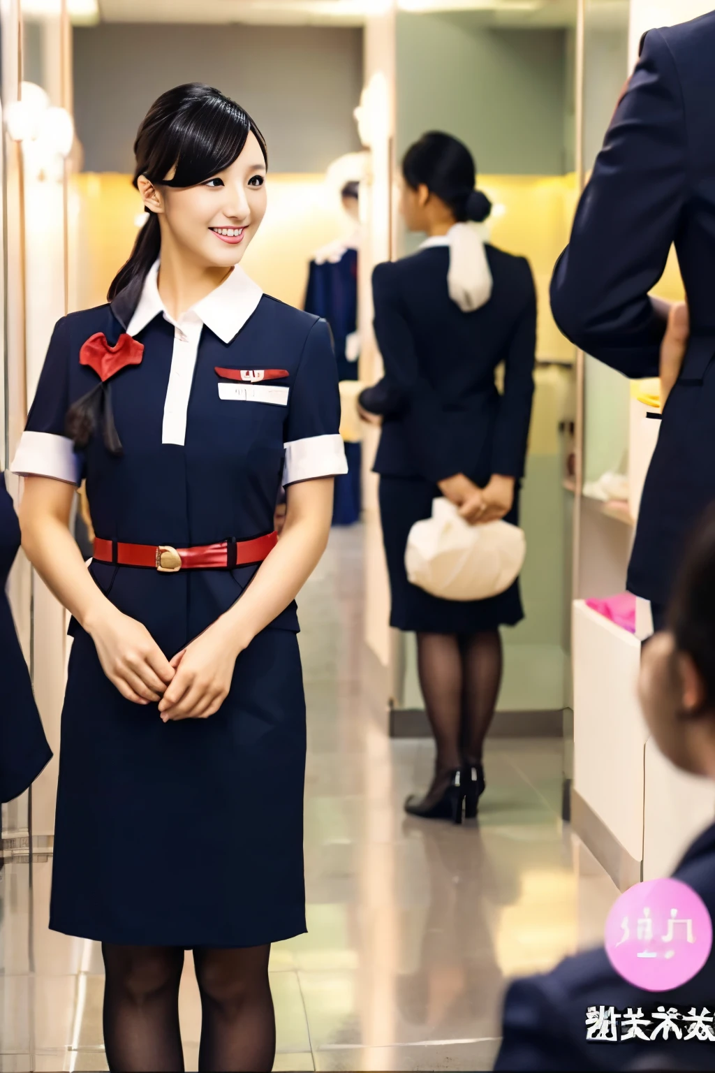 Beautiful stewardess、Realistic Skin、Japanese women、Slender figure、Changing clothes in the changing room、Ultra-realistic video、Bokeh、highest quality、Changing into uniform、Beige underwear、Glamour proportions